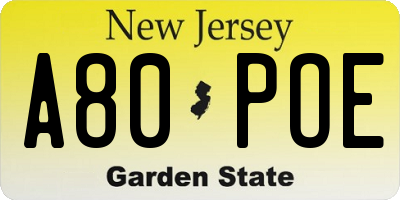 NJ license plate A80POE