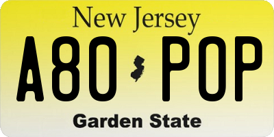 NJ license plate A80POP
