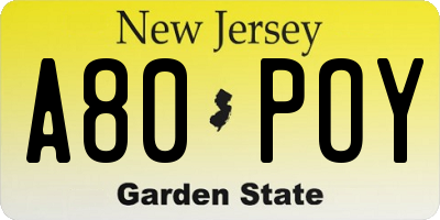NJ license plate A80POY