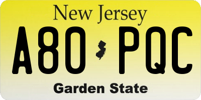 NJ license plate A80PQC