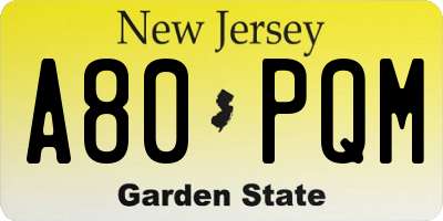 NJ license plate A80PQM