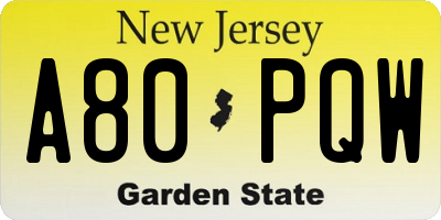 NJ license plate A80PQW