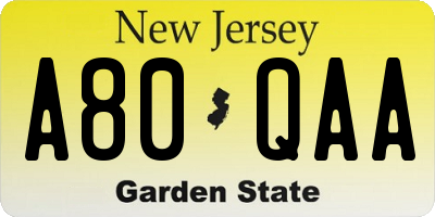 NJ license plate A80QAA