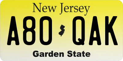 NJ license plate A80QAK