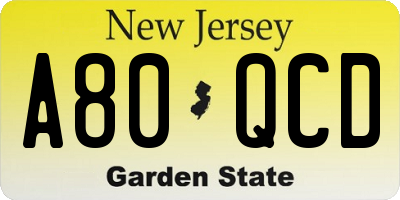 NJ license plate A80QCD