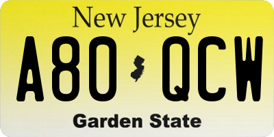 NJ license plate A80QCW