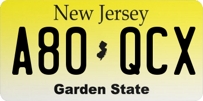 NJ license plate A80QCX