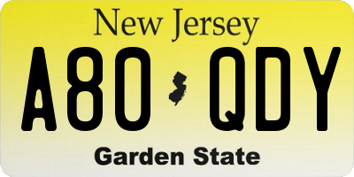 NJ license plate A80QDY