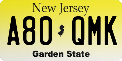 NJ license plate A80QMK