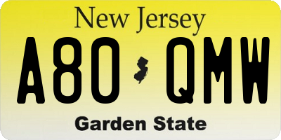 NJ license plate A80QMW