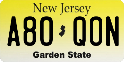 NJ license plate A80QON