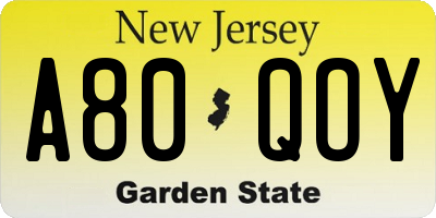 NJ license plate A80QOY