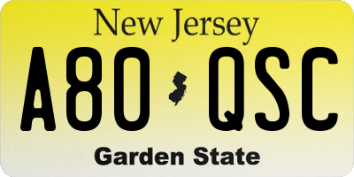 NJ license plate A80QSC
