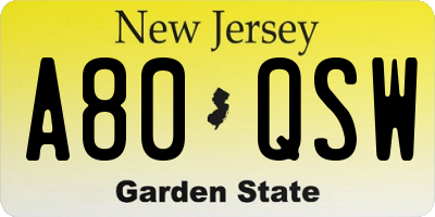 NJ license plate A80QSW