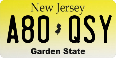 NJ license plate A80QSY