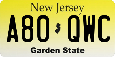 NJ license plate A80QWC