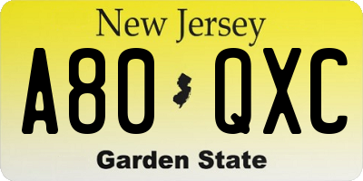 NJ license plate A80QXC