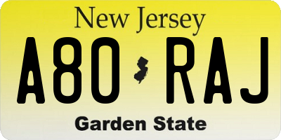 NJ license plate A80RAJ