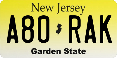NJ license plate A80RAK