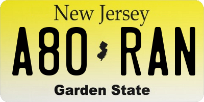 NJ license plate A80RAN