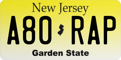 NJ license plate A80RAP