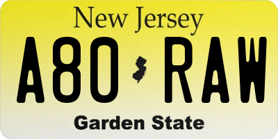NJ license plate A80RAW