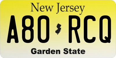 NJ license plate A80RCQ