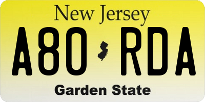 NJ license plate A80RDA