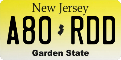 NJ license plate A80RDD
