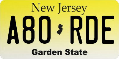 NJ license plate A80RDE