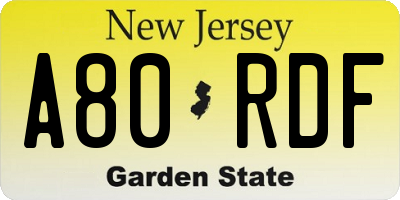 NJ license plate A80RDF