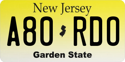 NJ license plate A80RDO