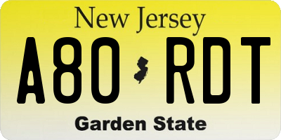 NJ license plate A80RDT