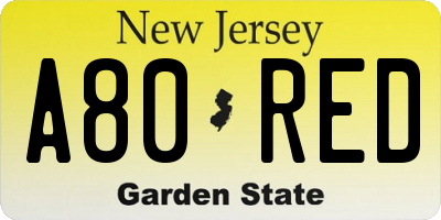 NJ license plate A80RED