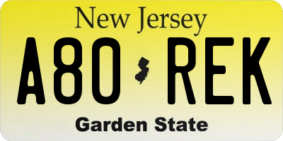NJ license plate A80REK