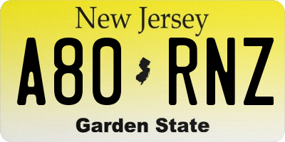 NJ license plate A80RNZ