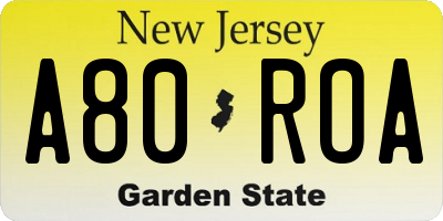 NJ license plate A80ROA