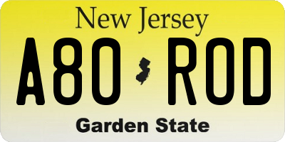 NJ license plate A80ROD