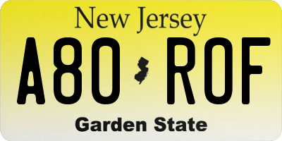 NJ license plate A80ROF