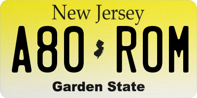 NJ license plate A80ROM