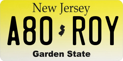 NJ license plate A80ROY