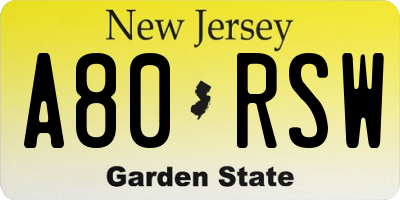 NJ license plate A80RSW
