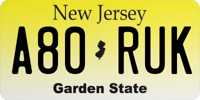 NJ license plate A80RUK