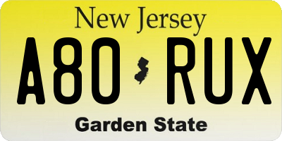 NJ license plate A80RUX
