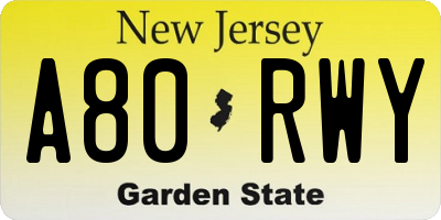NJ license plate A80RWY