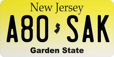 NJ license plate A80SAK