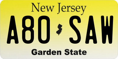 NJ license plate A80SAW
