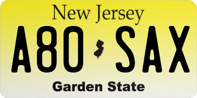 NJ license plate A80SAX