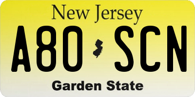NJ license plate A80SCN