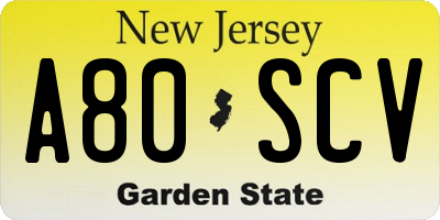 NJ license plate A80SCV